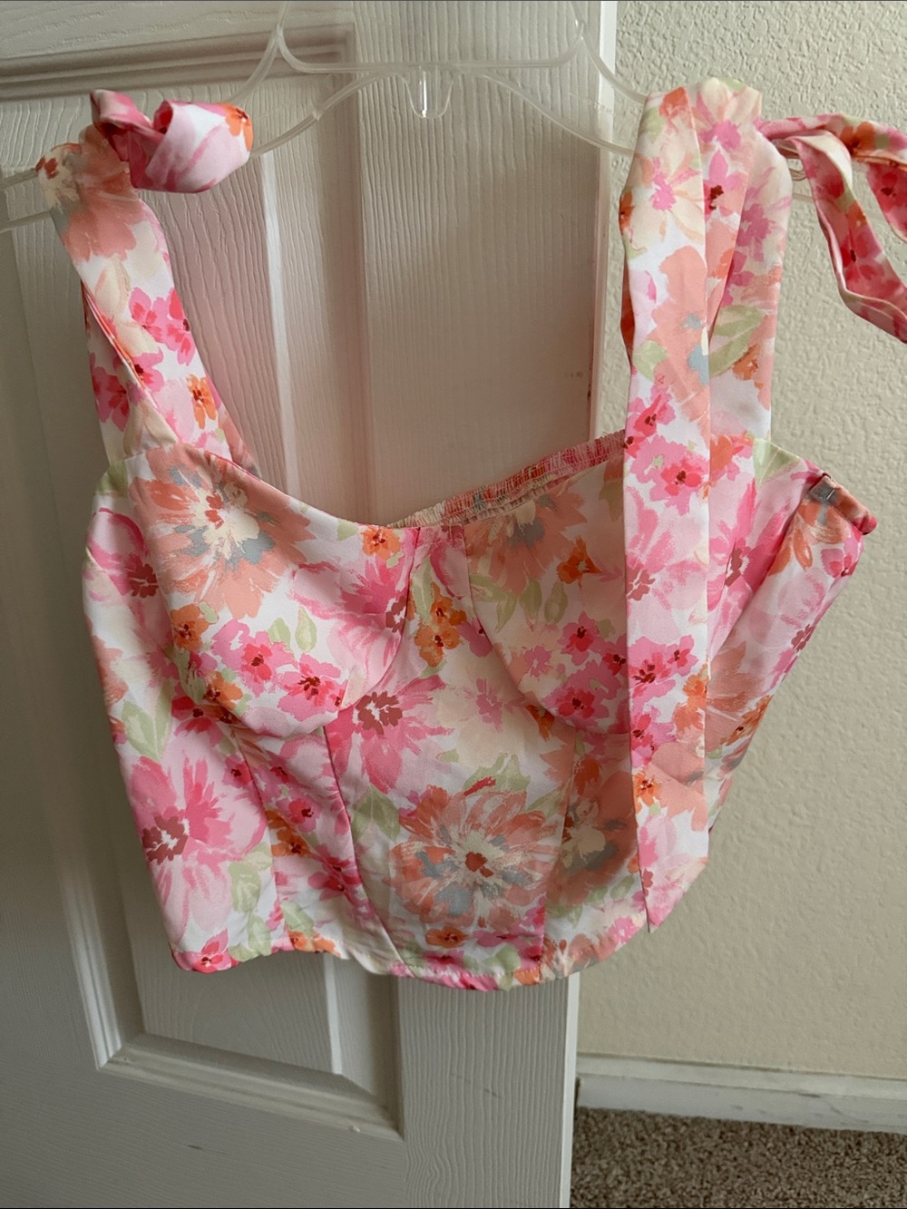 SHEIN Pink Peach Floral Tie-Shoulder Bustier Crop Top